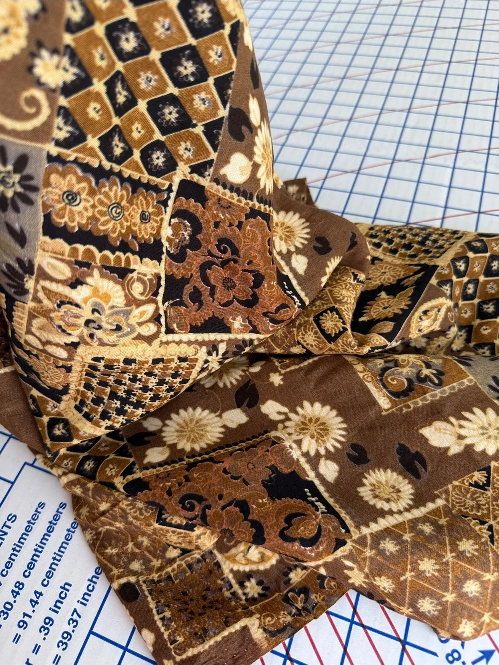 Vintage 1970s Patchwork Print Fabric Brown Floral Paisley 4+ Yards x 50